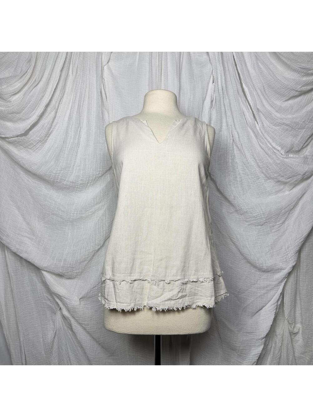 Minimalist Indie Boho Cotton Bleu Cream Sleeveless Linen Blend Top Size S